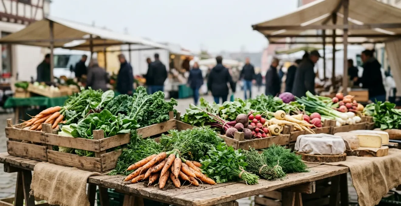 Frisches Gemüse und Obst an einem traditionellen deutschen Bauernmarkt mit regionalen Produkten