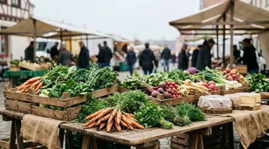 Frisches Gemüse und Obst an einem traditionellen deutschen Bauernmarkt mit regionalen Produkten