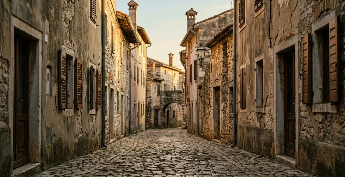 Alte gepflasterte Gasse in europäischer Altstadt mit Kopfsteinpflaster und historischer Architektur