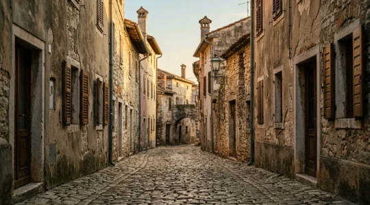 Alte gepflasterte Gasse in europäischer Altstadt mit Kopfsteinpflaster und historischer Architektur