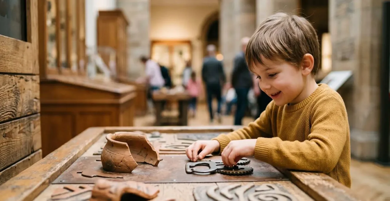 Kind entdeckt begeistert interaktive historische Station in modernem Museum