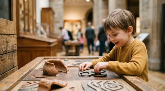 Kind entdeckt begeistert interaktive historische Station in modernem Museum