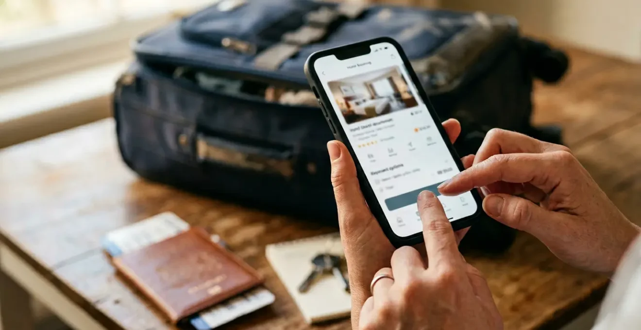 Smartphone zeigt Hotel-Buchungs-App mit verfügbaren Zimmern und günstigen Preisen für spontane Reisen