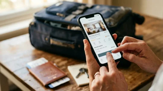 Smartphone zeigt Hotel-Buchungs-App mit verfügbaren Zimmern und günstigen Preisen für spontane Reisen
