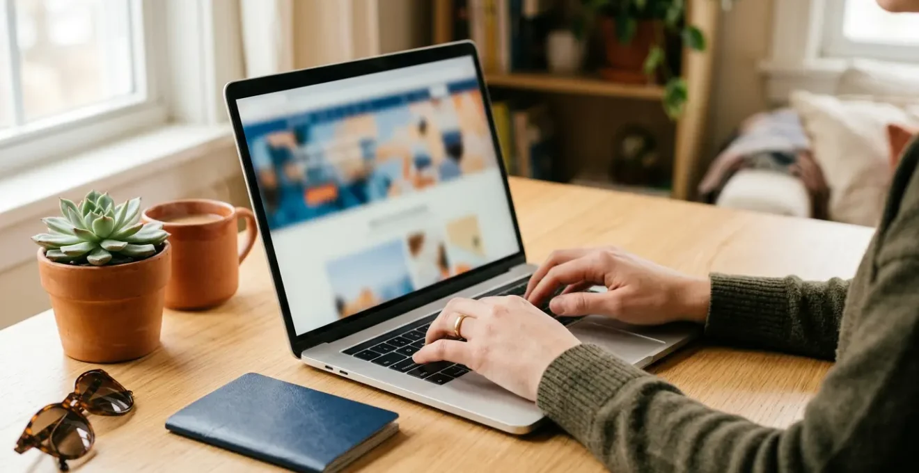 Reisende planen spontan eine günstige Last-Minute-Pauschalreise am Laptop