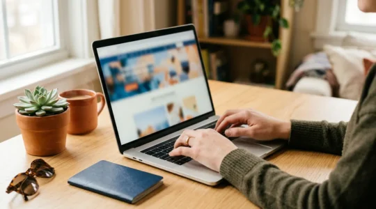 Reisende planen spontan eine günstige Last-Minute-Pauschalreise am Laptop