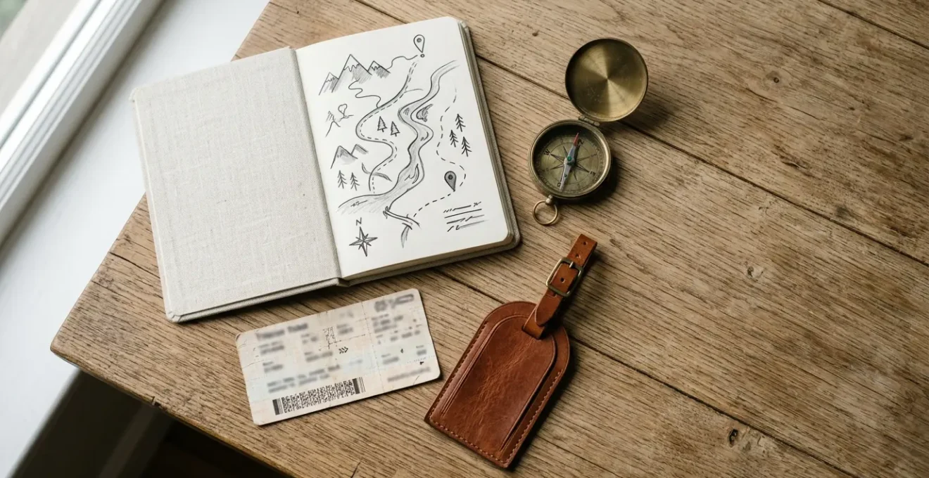 Minimalistische Reisevorbereitung mit Notizbuch und Karte für spontane Wochenendtrips