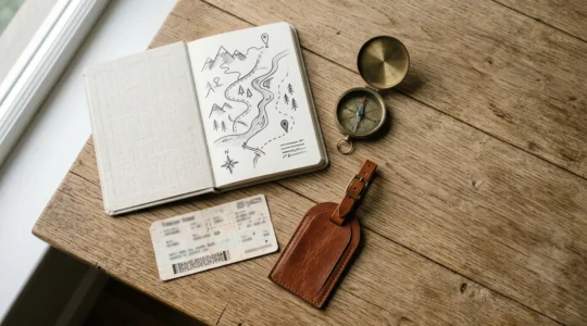 Minimalistische Reisevorbereitung mit Notizbuch und Karte für spontane Wochenendtrips