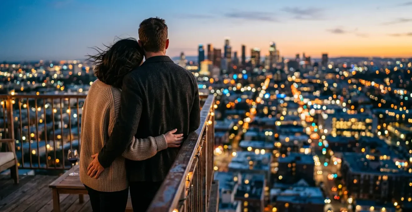 Paar genießt gemeinsam romantischen Blick auf beleuchtete Skyline bei Nacht