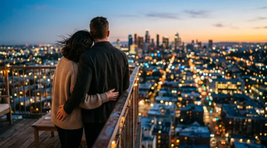 Paar genießt gemeinsam romantischen Blick auf beleuchtete Skyline bei Nacht