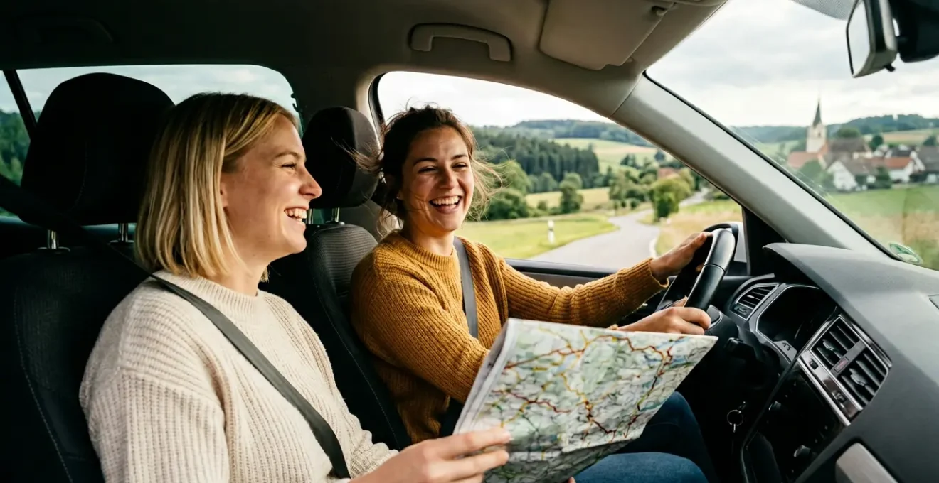 Entspannte Reisende genießen kurze Autofahrt zu nahegelegenen Ausflugszielen in Deutschland