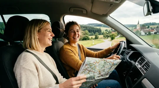 Entspannte Reisende genießen kurze Autofahrt zu nahegelegenen Ausflugszielen in Deutschland