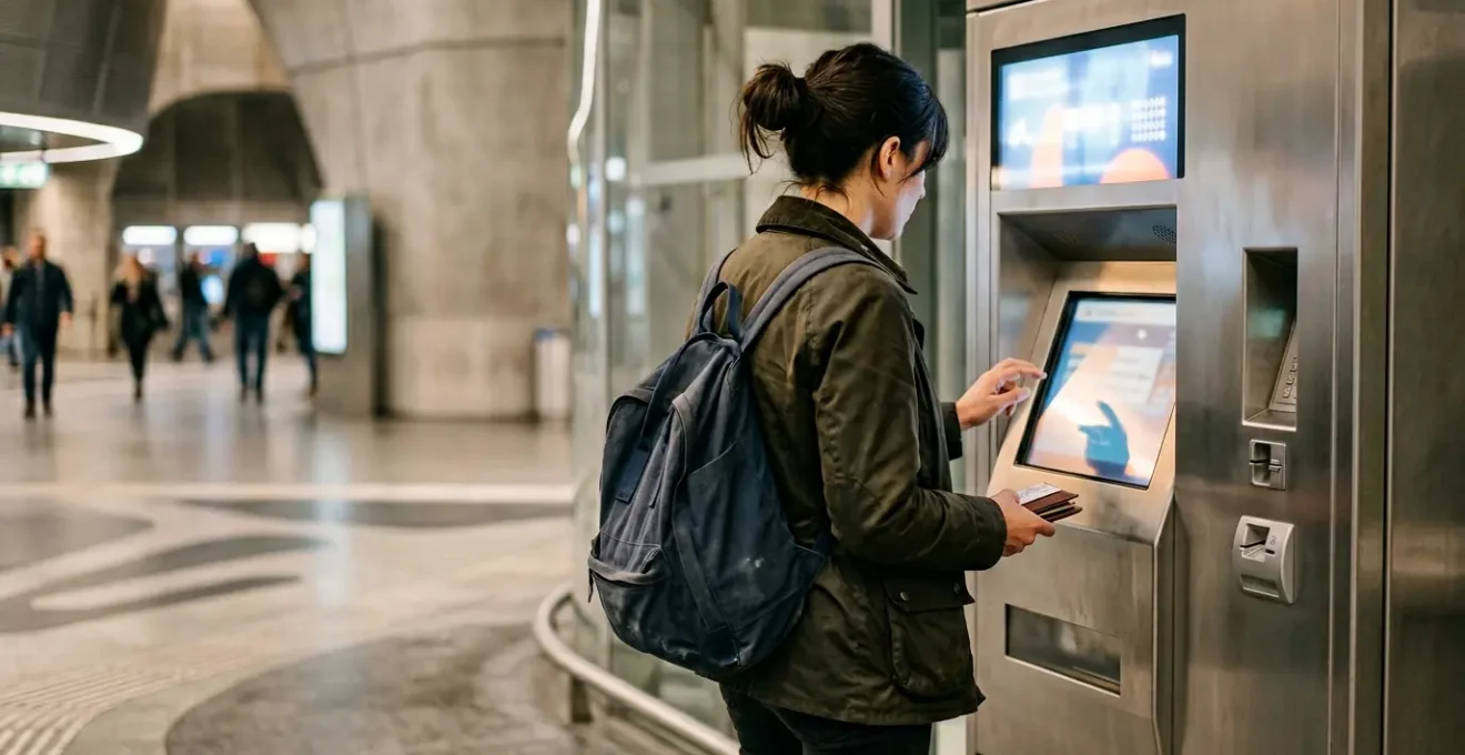 Reisender am modernen Ticketautomaten im öffentlichen Nahverkehr einer europäischen Stadt