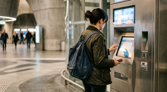 Reisender am modernen Ticketautomaten im öffentlichen Nahverkehr einer europäischen Stadt