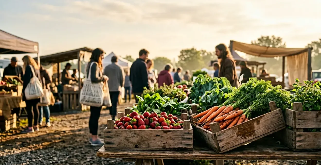 Frische saisonale Lebensmittel auf einem Bauernmarkt mit leuchtenden Farben und natürlichem Morgenlicht
