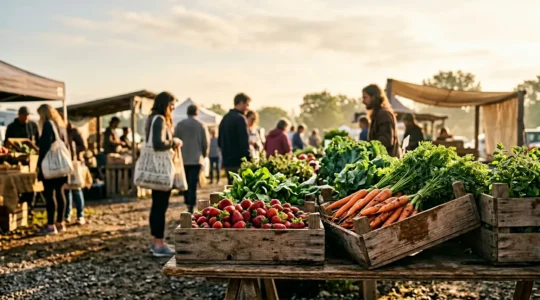 Frische saisonale Lebensmittel auf einem Bauernmarkt mit leuchtenden Farben und natürlichem Morgenlicht