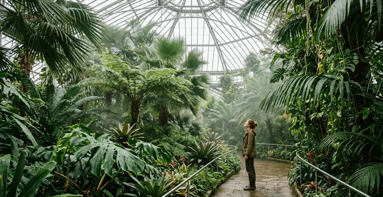 Besucherin im üppigen europäischen Tropenhaus zwischen exotischen Pflanzen und sanftem Nebel