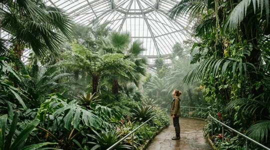 Besucherin im üppigen europäischen Tropenhaus zwischen exotischen Pflanzen und sanftem Nebel