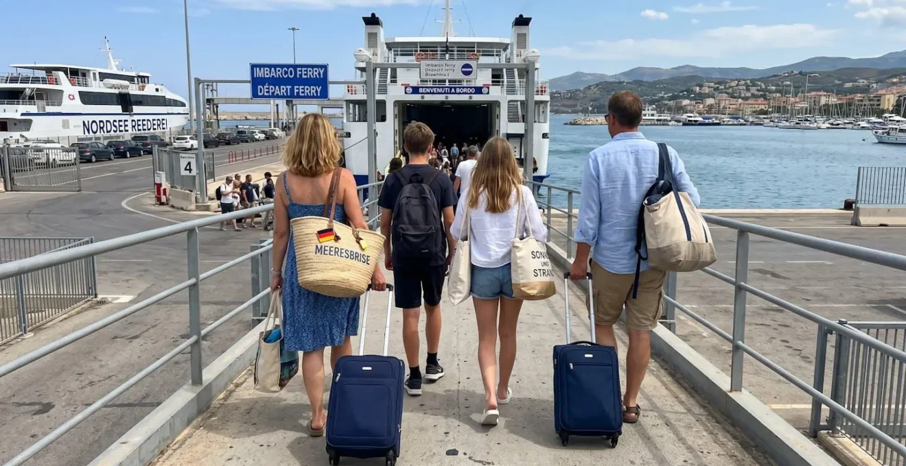 Eine vierköpfige Familie von hinten fotografiert, die mit Strandtaschen und Rollkoffer auf eine moderne Fährampe in einem mediterranen Hafen zugeht