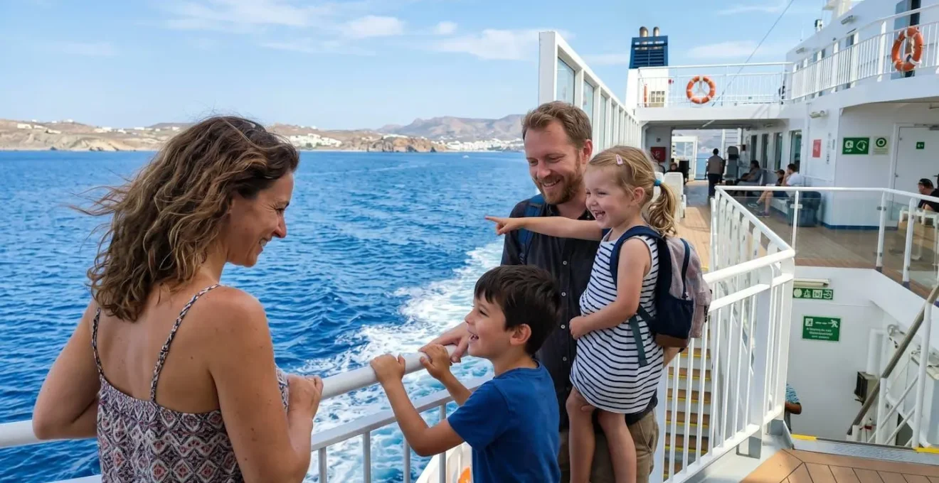 Eine vierköpfige Familie steht an der Reling eines modernen Fährschiffs und blickt gemeinsam auf das sonnige Mittelmeer