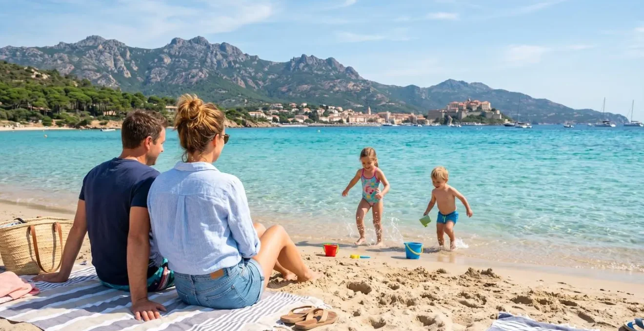 Eine vierköpfige Familie steht am Rand einer türkisfarbenen Bucht auf Korsika, im Hintergrund erheben sich grüne Berggipfel, die Kinder spielen im flachen Wasser während die Eltern entspannt zusehen