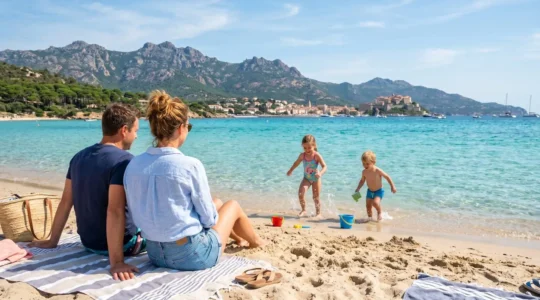 Eine vierköpfige Familie steht am Rand einer türkisfarbenen Bucht auf Korsika, im Hintergrund erheben sich grüne Berggipfel, die Kinder spielen im flachen Wasser während die Eltern entspannt zusehen