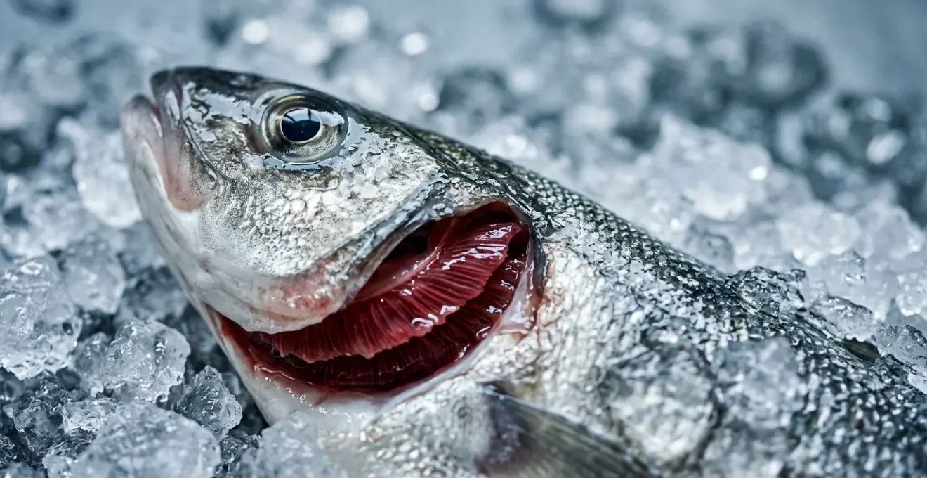 Nahaufnahme von frischem Fisch mit leuchtenden Kiemen und klaren Augen auf Eis