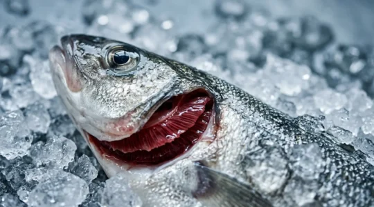 Nahaufnahme von frischem Fisch mit leuchtenden Kiemen und klaren Augen auf Eis
