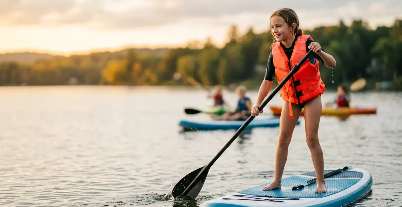Kinder beim Stand-Up-Paddling auf ruhigem Gewässer mit natürlichem Licht