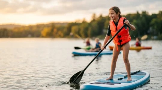 Kinder beim Stand-Up-Paddling auf ruhigem Gewässer mit natürlichem Licht