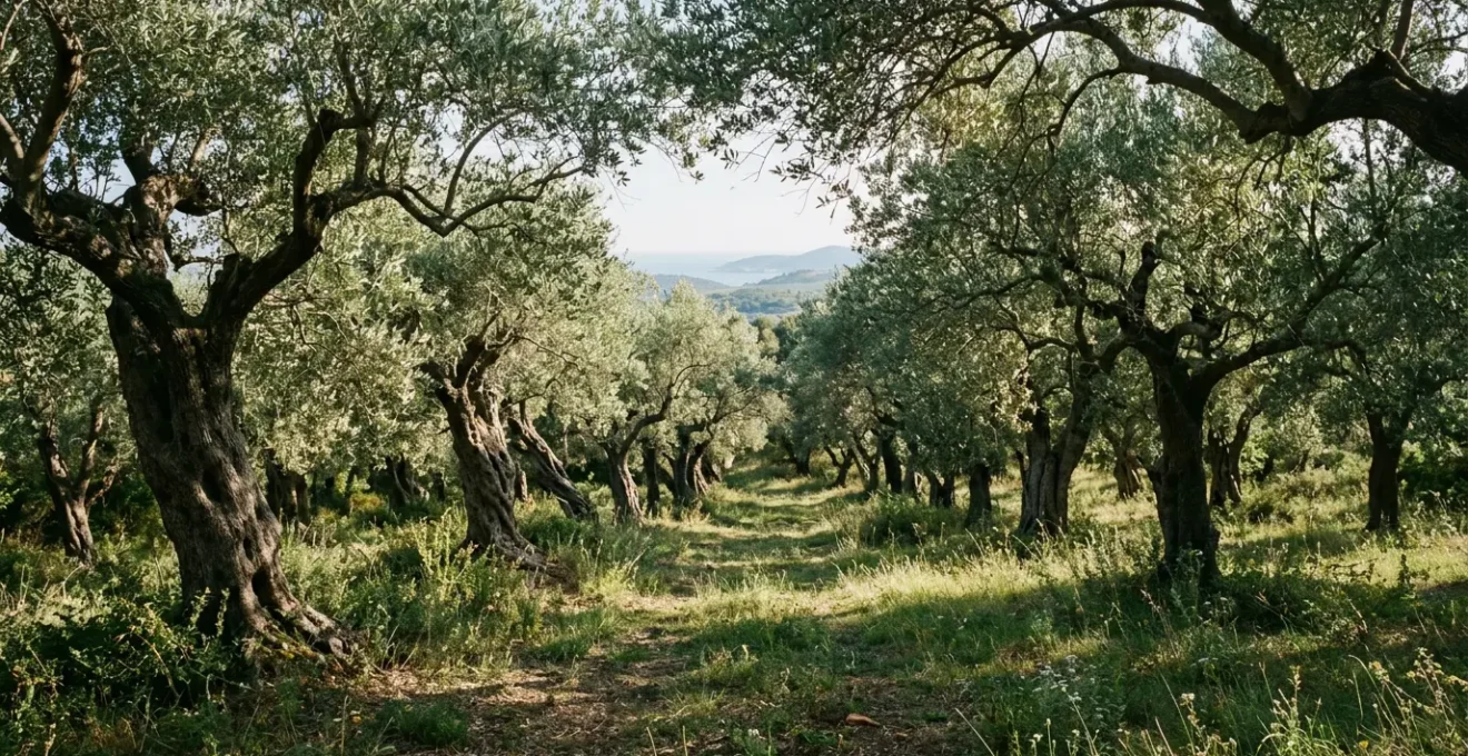 Sonnenlicht filtert durch silbrige Olivenbaumkronen und schafft kühlen, gesprenkelten Schatten auf dem grasbewachsenen Boden eines mediterranen Olivenhains