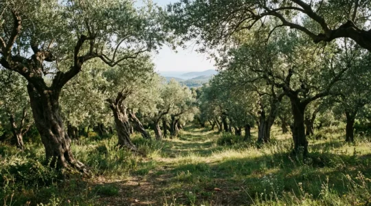 Sonnenlicht filtert durch silbrige Olivenbaumkronen und schafft kühlen, gesprenkelten Schatten auf dem grasbewachsenen Boden eines mediterranen Olivenhains