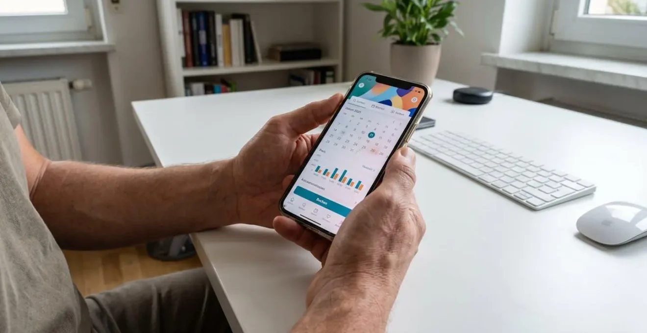 Nahaufnahme von Händen, die ein Smartphone halten und eine Buchungsseite anzeigen, Bildschirm komplett unscharf, auf einem sauberen modernen Schreibtisch mit natürlichem Seitenlicht