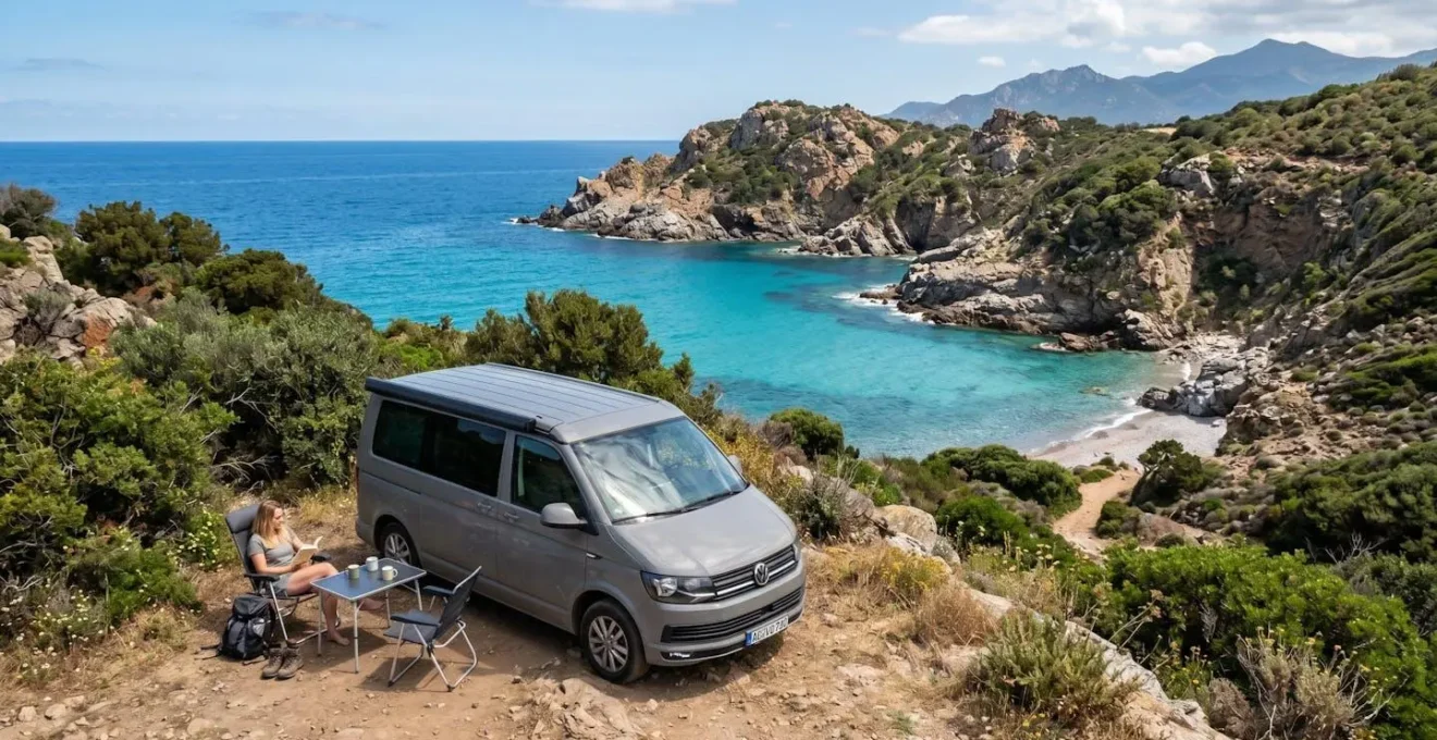 Ein einzelnes Wohnmobil steht auf einem naturbelassenen Stellplatz direkt an einer einsamen Bucht in Korsika, türkisblaues Wasser und Macchia-Vegetation umgeben