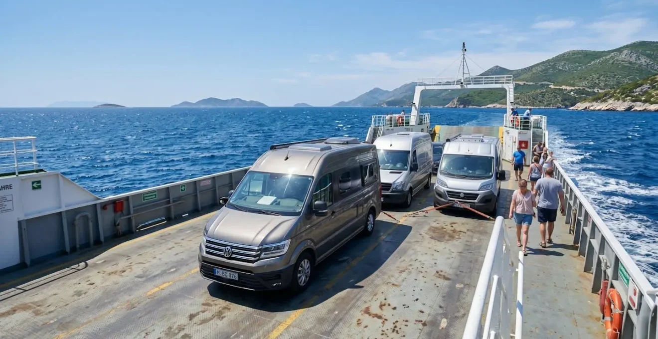 Ein Wohnmobil steht auf dem offenen Autodeck einer modernen Fähre, im Hintergrund leuchtet das tiefblaue Mittelmeer unter klarem Himmel