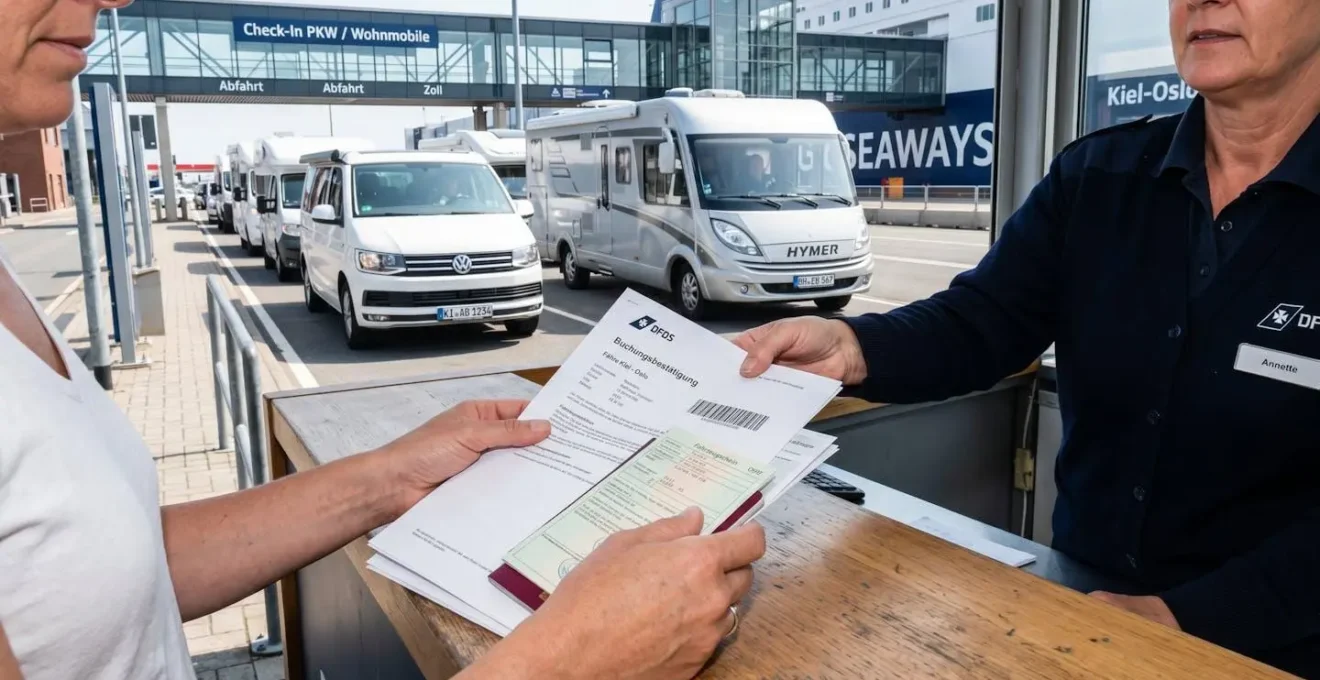 Nahaufnahme einer Hand, die am Fähr-Terminal Buchungsbestätigung und Fahrzeugpapiere einem Mitarbeiter überreicht, im Hintergrund Wohnmobile in der Warteschlange